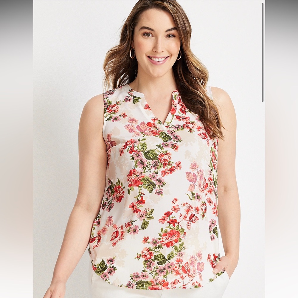Maurices Atwood Floral Tank Top – Cream Base with Red/Green Floral Print (2X)